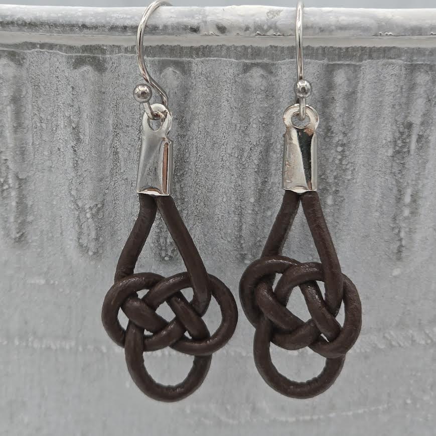 Dark Brown Leather Celtic Knots on Stainless Steel Ear Wires