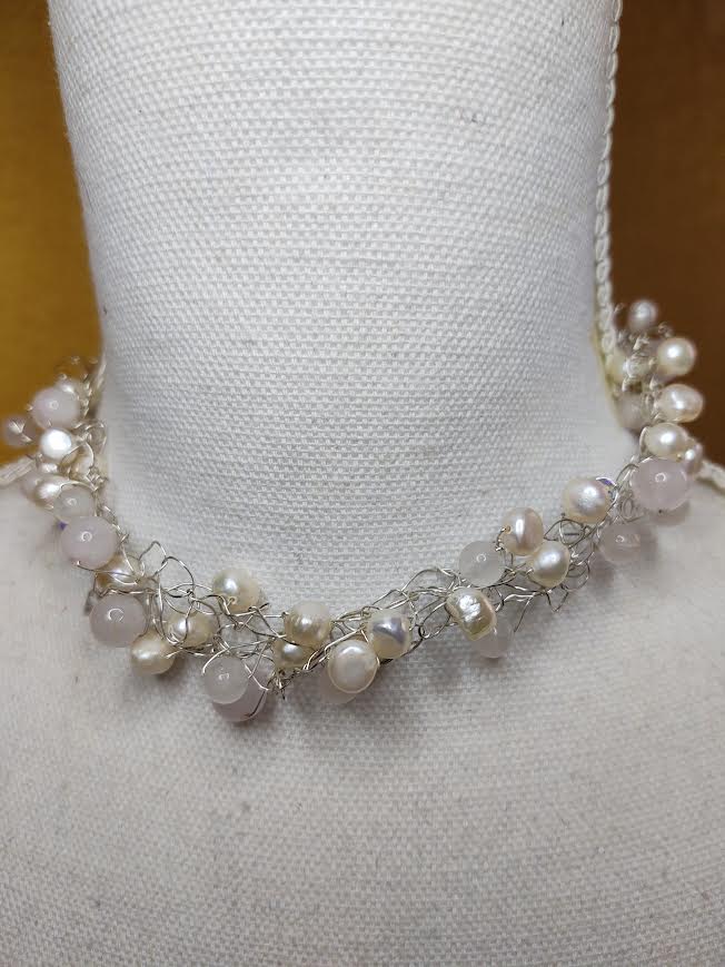 Beautiful Wire Crocheted Rose Quartz, Pearls, and Swarovski Crystals Necklace
