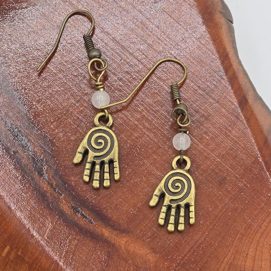 Antique Brass Healing Hand & White Quartzite Earrings on Antique Brass Ear Wires
