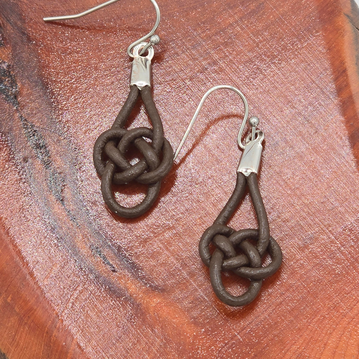 Dark Brown Leather Celtic Knots on Stainless Steel Ear Wires