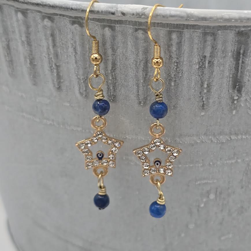 Sparkly Star With Evil Eye Protector & Sodalite Earrings on Gold Tone Ear Wires