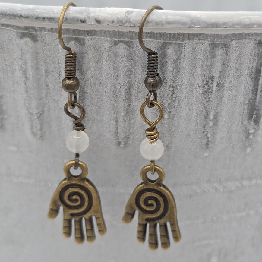 Antique Brass Healing Hand & White Quartzite Earrings on Antique Brass Ear Wires