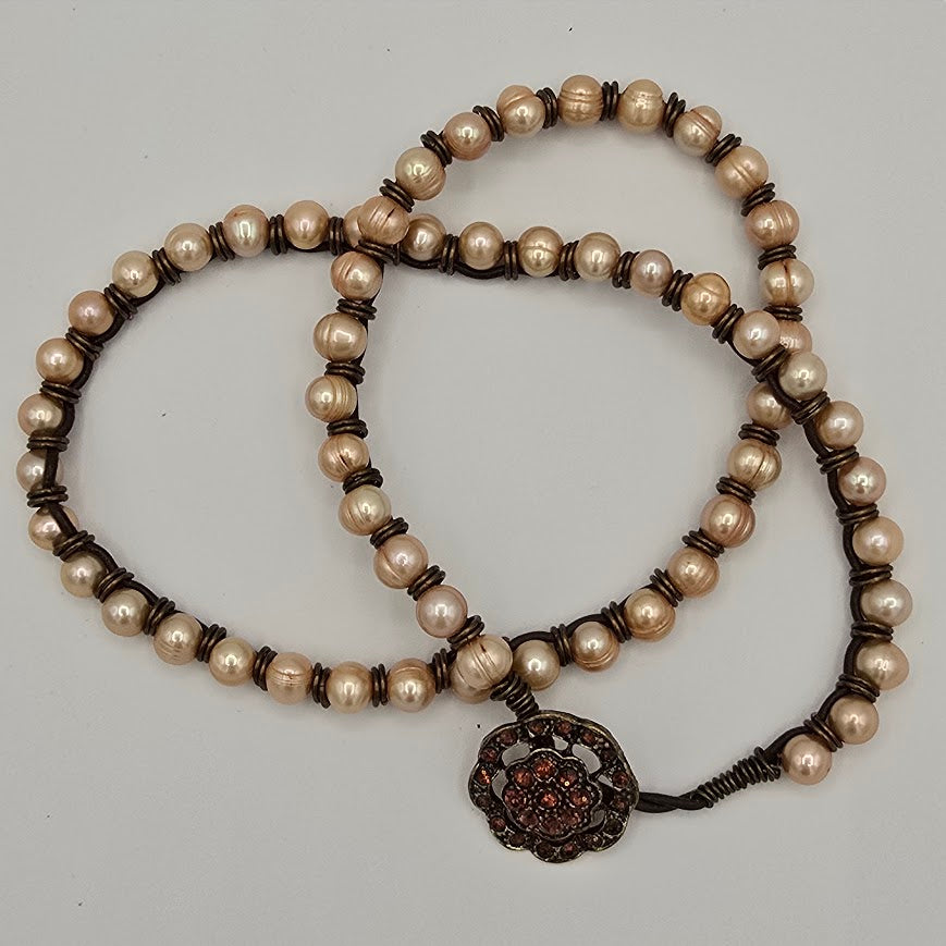 Champagne Pearls Triple Wrap Bracelet with Crystal Button, and Dark Brown Leather