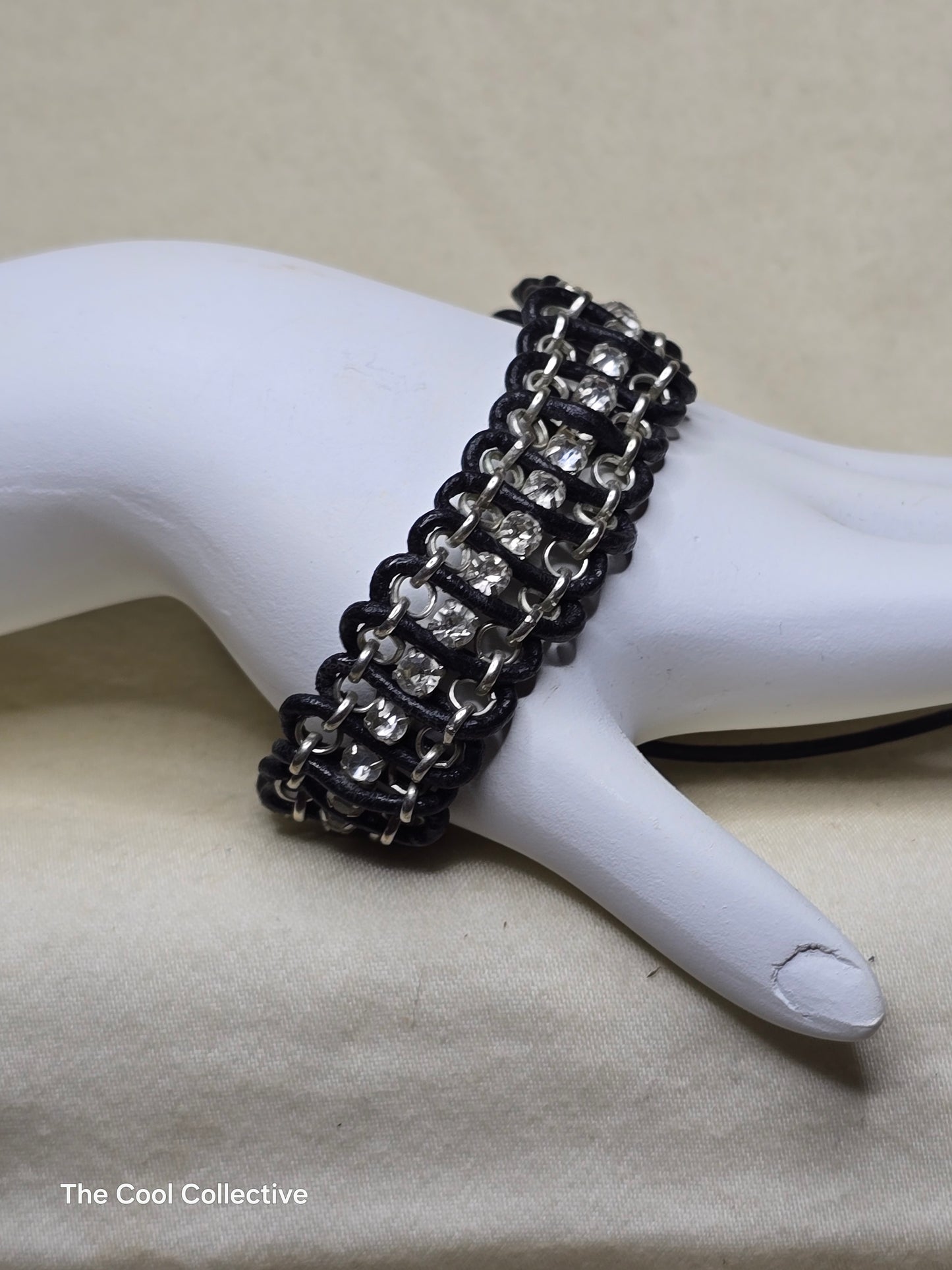 Handmade Jewelry; Leather; Silver Tone Chain; Clear Crystal Cup Chain; Adjustable Bracelet; Tina Lucas; The Cool Collective; Woman-Owned Small Business