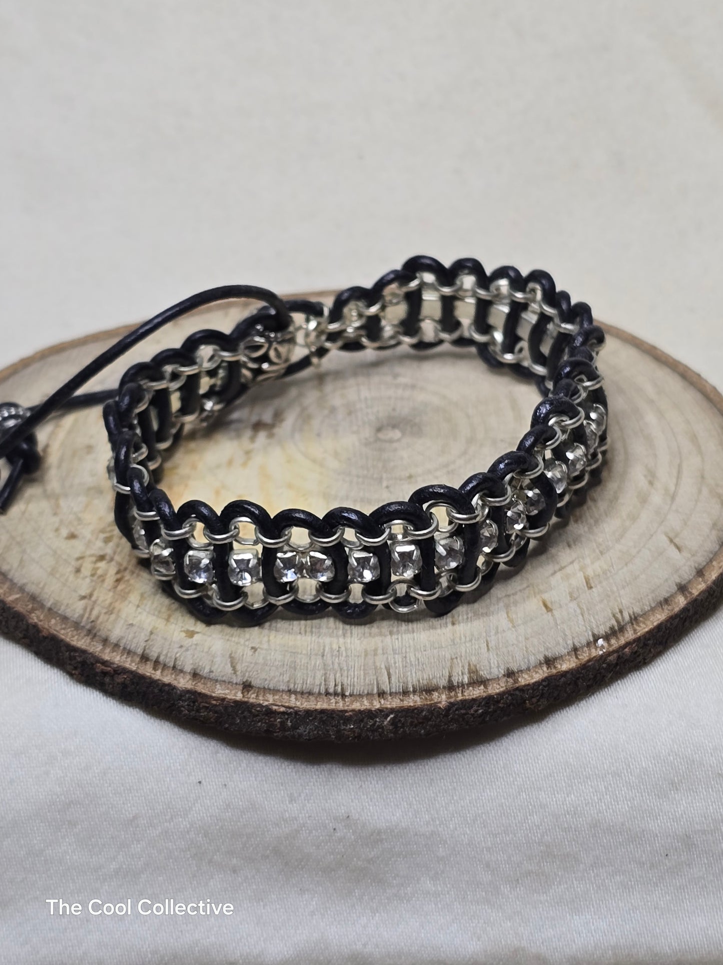 Handmade Jewelry; Leather; Silver Tone Chain; Clear Crystal Cup Chain; Adjustable Bracelet; Tina Lucas; The Cool Collective; Woman-Owned Small Business