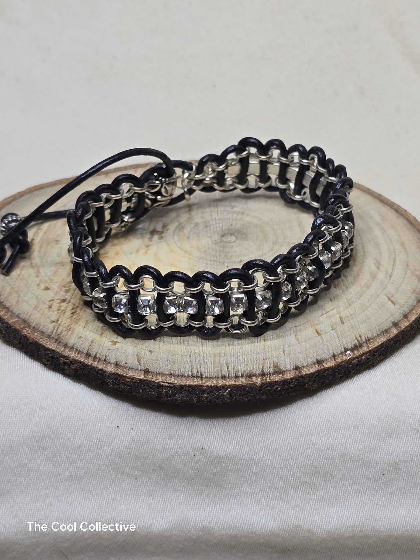 Handmade Jewelry; Leather; Silver Tone Chain; Clear Crystal Cup Chain; Adjustable Bracelet; Tina Lucas; The Cool Collective; Woman-Owned Small Business