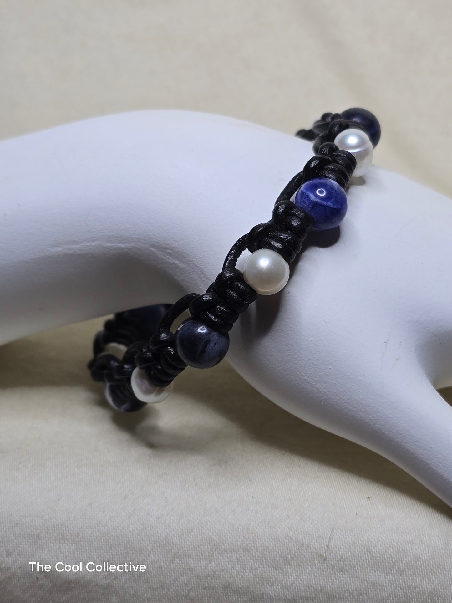 Handmade Jewelry; Pearls; Sodalite; Black Leather; Leather; Bracelet; Tina Lucas; The Cool Collective; Woman-Owned Small Business