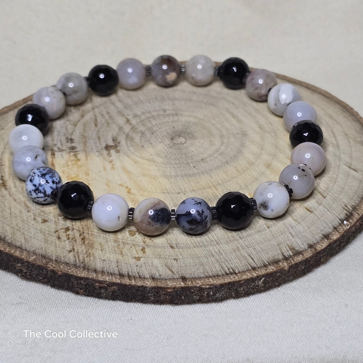 Handmade Jewelry; STRETCH Bracelet; Dendritic Agate; Onyx; Hematite; Bracelet; Tina Lucas; The Cool Collective; Woman-Owned Small Business