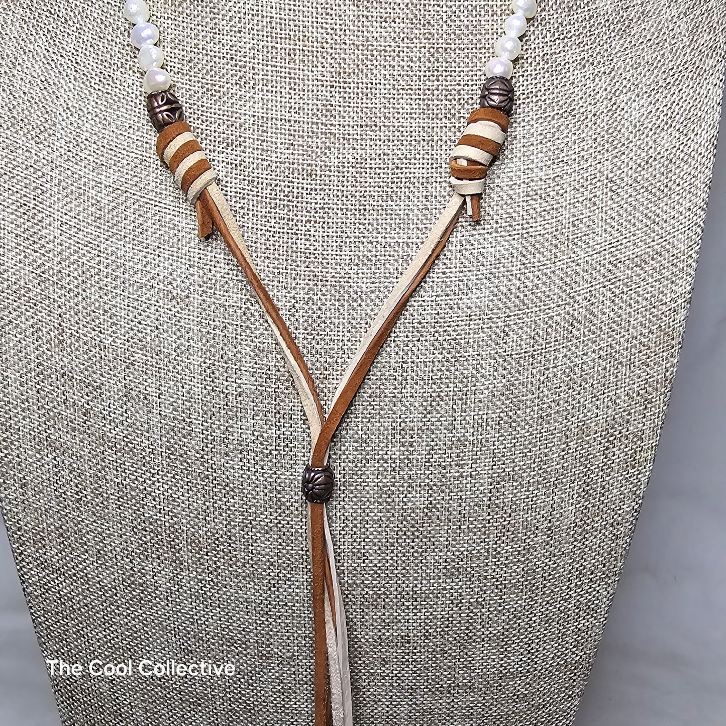 Handmade Jewelry; Pearls; Cream and Rust Suede Leather; Leather; Tassel; Adjustable Necklace; Tina Lucas; The Cool Collective; Woman-Owned Small Business