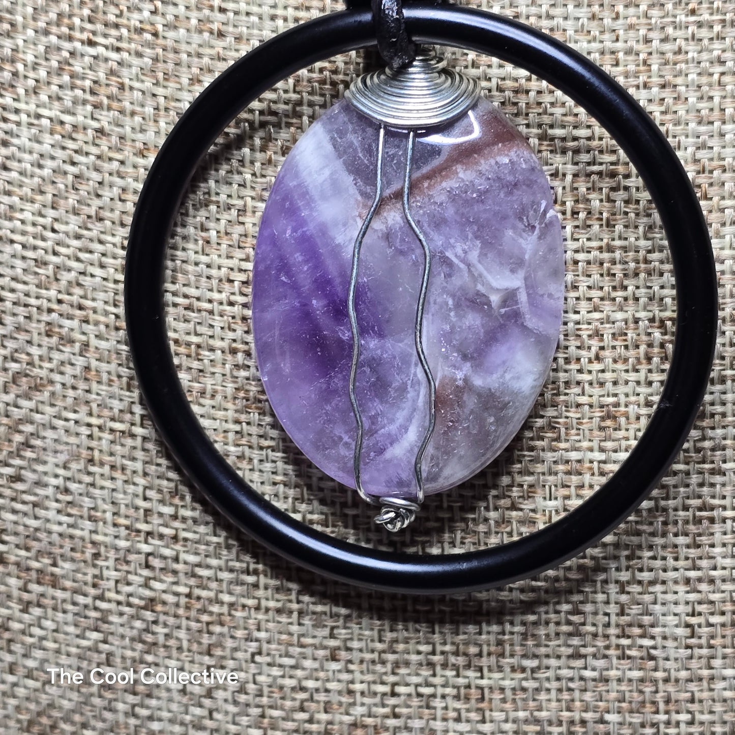 Handmade Jewelry; Dogtooth (Chevron) Amethyst; Black Leather; Leather; Adjustable Necklace; Tina Lucas; The Cool Collective; Woman-Owned Small Business