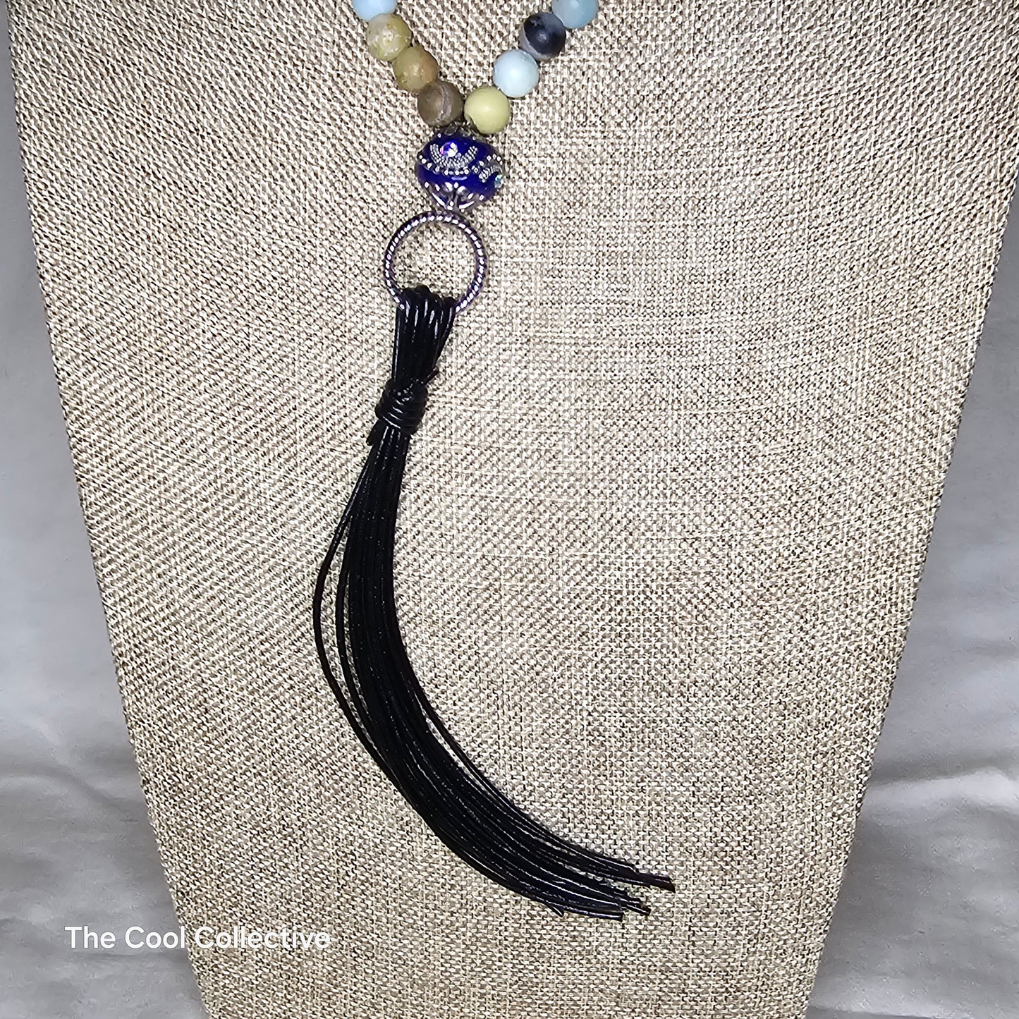 Handmade Jewelry; Matte Amazonite; Adjustable Black Leather; Tassel; Tina Lucas; The Cool Collective; Woman-Owned Small Business