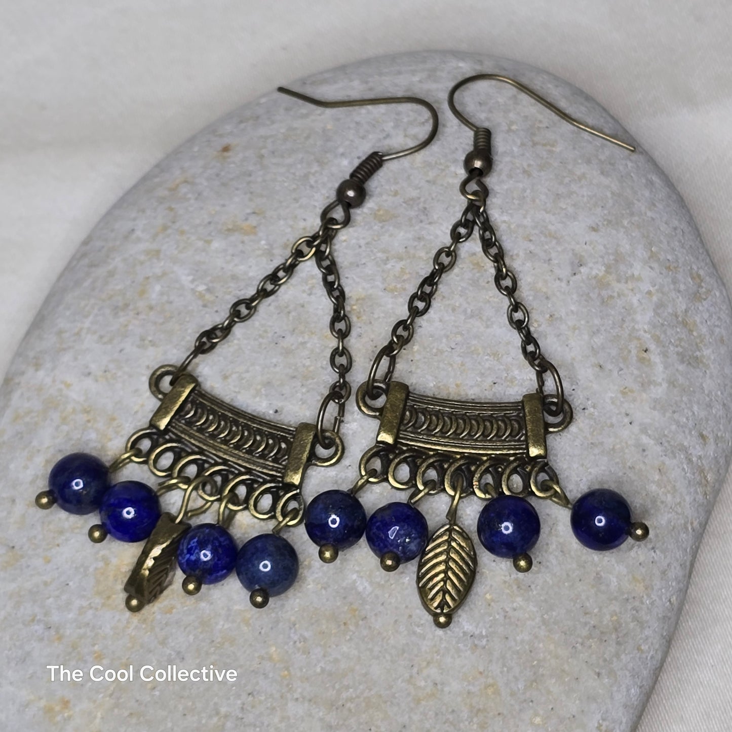 Handmade Jewelry; Antique Brass Necklace and Earrings Set; Lapis; Tina Lucas; The Cool Collective; Woman-Owned Small Business