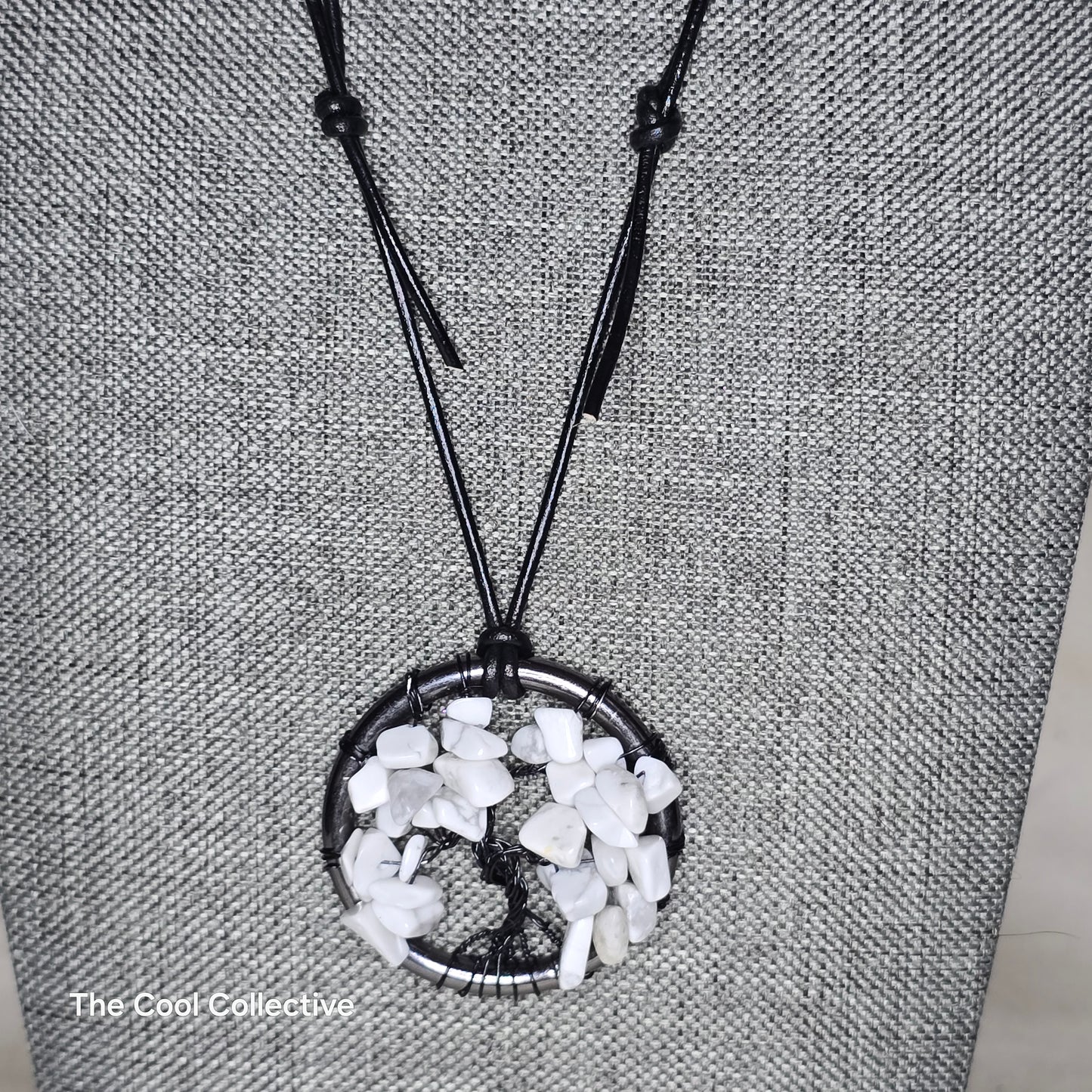 Handmade Jewelry; Tree of Life; White Howlite; Gun Metal Frame; Black Leather; Adjustable Necklace; Tina Lucas; The Cool Collective; Woman-Owned Small Business