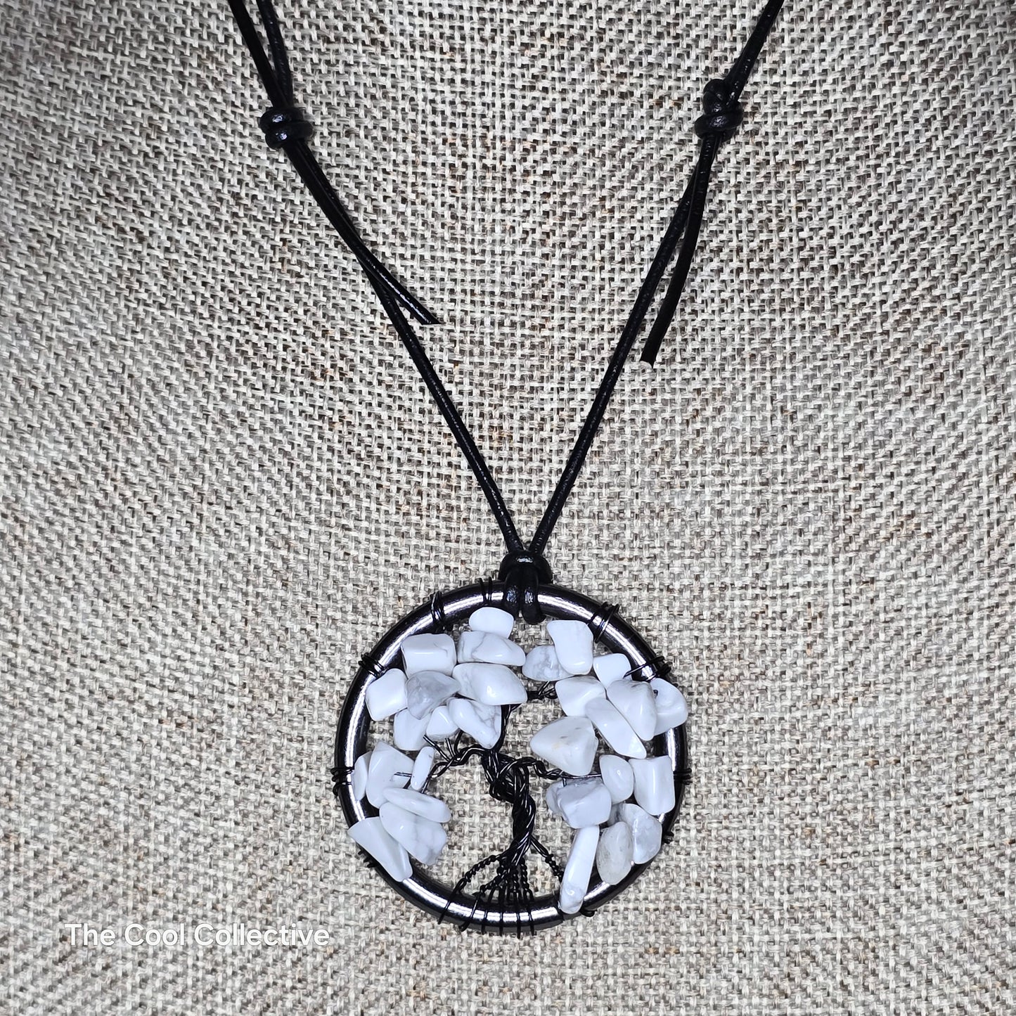 Handmade Jewelry; Tree of Life; White Howlite; Gun Metal Frame; Black Leather; Adjustable Necklace; Tina Lucas; The Cool Collective; Woman-Owned Small Business