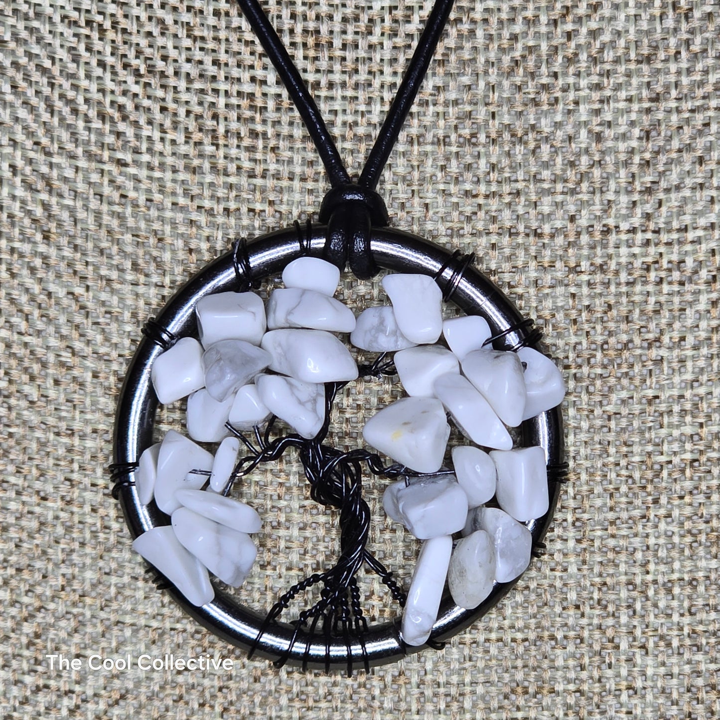 Handmade Jewelry; Tree of Life; White Howlite; Gun Metal Frame; Black Leather; Adjustable Necklace; Tina Lucas; The Cool Collective; Woman-Owned Small Business