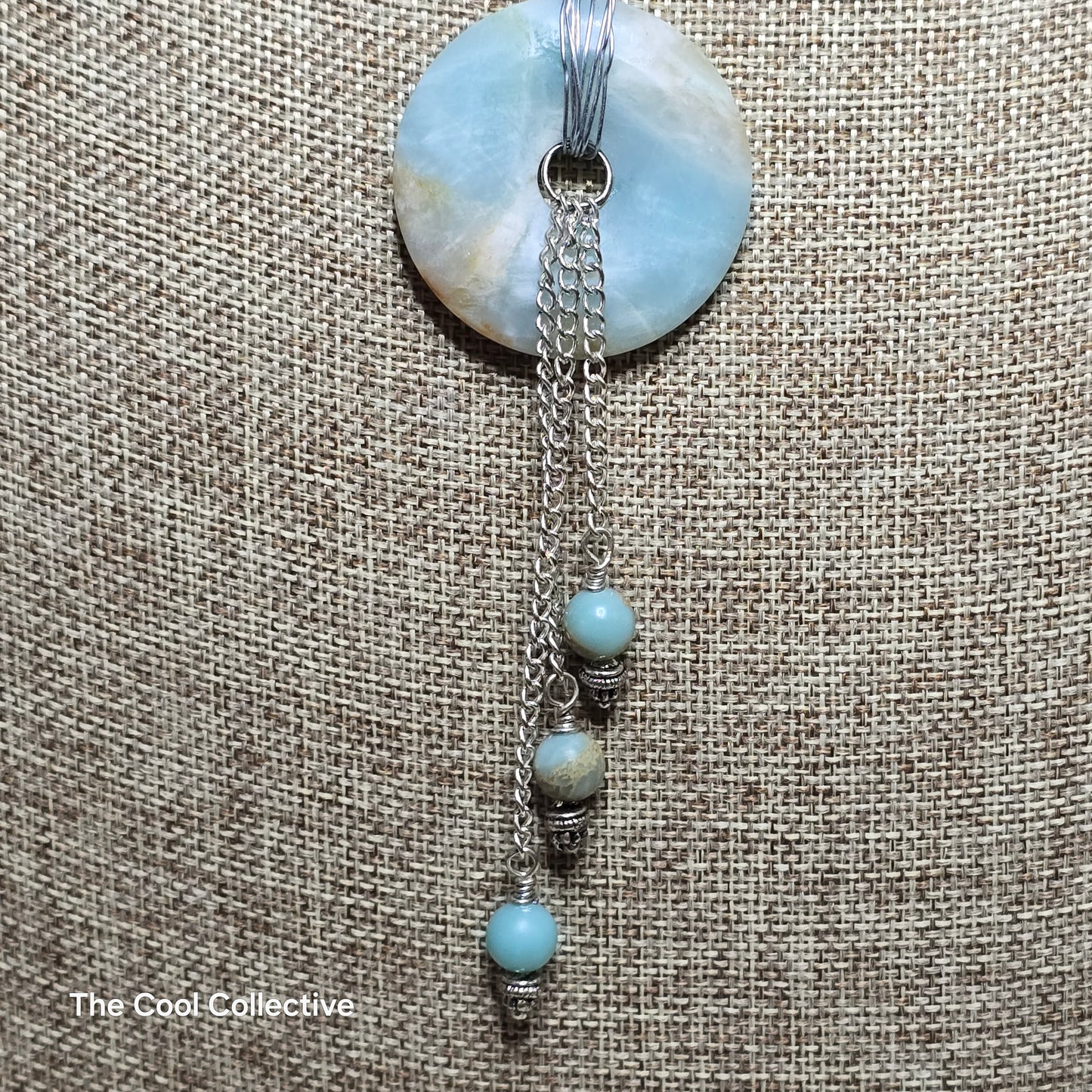 Handmade Jewelry; Amazonite Donut and Beads Necklace & Earrings Set; Leather; Silver Tone Chain; Adjustable Necklace; Tina Lucas; The Cool Collective; Woman-Owned Small Business