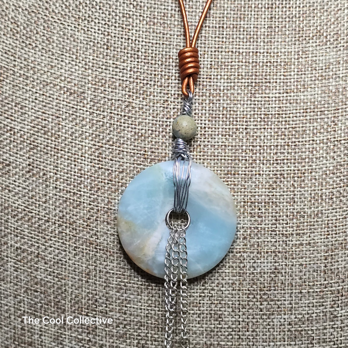Handmade Jewelry; Amazonite Donut and Beads Necklace & Earrings Set; Leather; Silver Tone Chain; Adjustable Necklace; Tina Lucas; The Cool Collective; Woman-Owned Small Business
