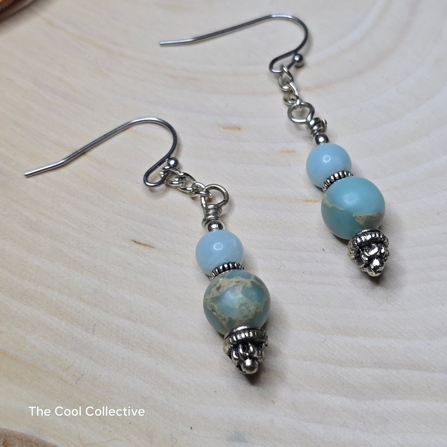 Handmade Jewelry; Amazonite Donut and Beads Necklace & Earrings Set; Leather; Silver Tone Chain; Adjustable Necklace; Tina Lucas; The Cool Collective; Woman-Owned Small Business