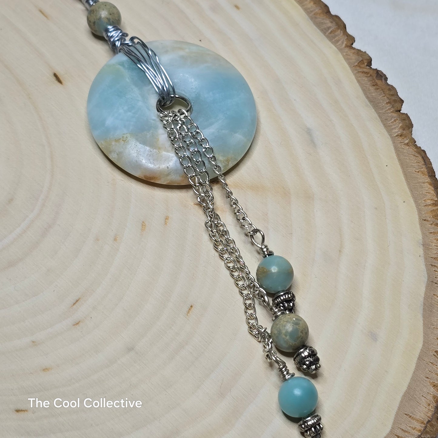 Handmade Jewelry; Amazonite Donut and Beads Necklace & Earrings Set; Leather; Silver Tone Chain; Adjustable Necklace; Tina Lucas; The Cool Collective; Woman-Owned Small Business