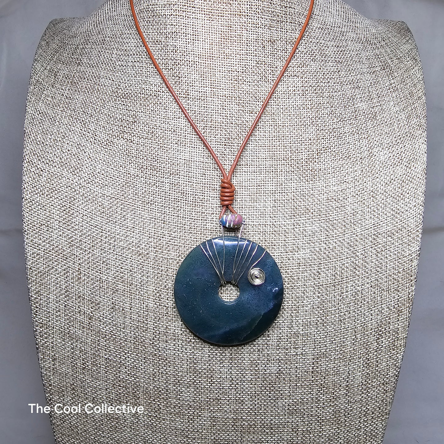 Handmade Jewelry; Dark Green Gemstone Donut Necklace and Earrings Set; Adjustable Light Brown Leather; Leather; Tina Lucas; The Cool Collective; Woman-Owned Small Business