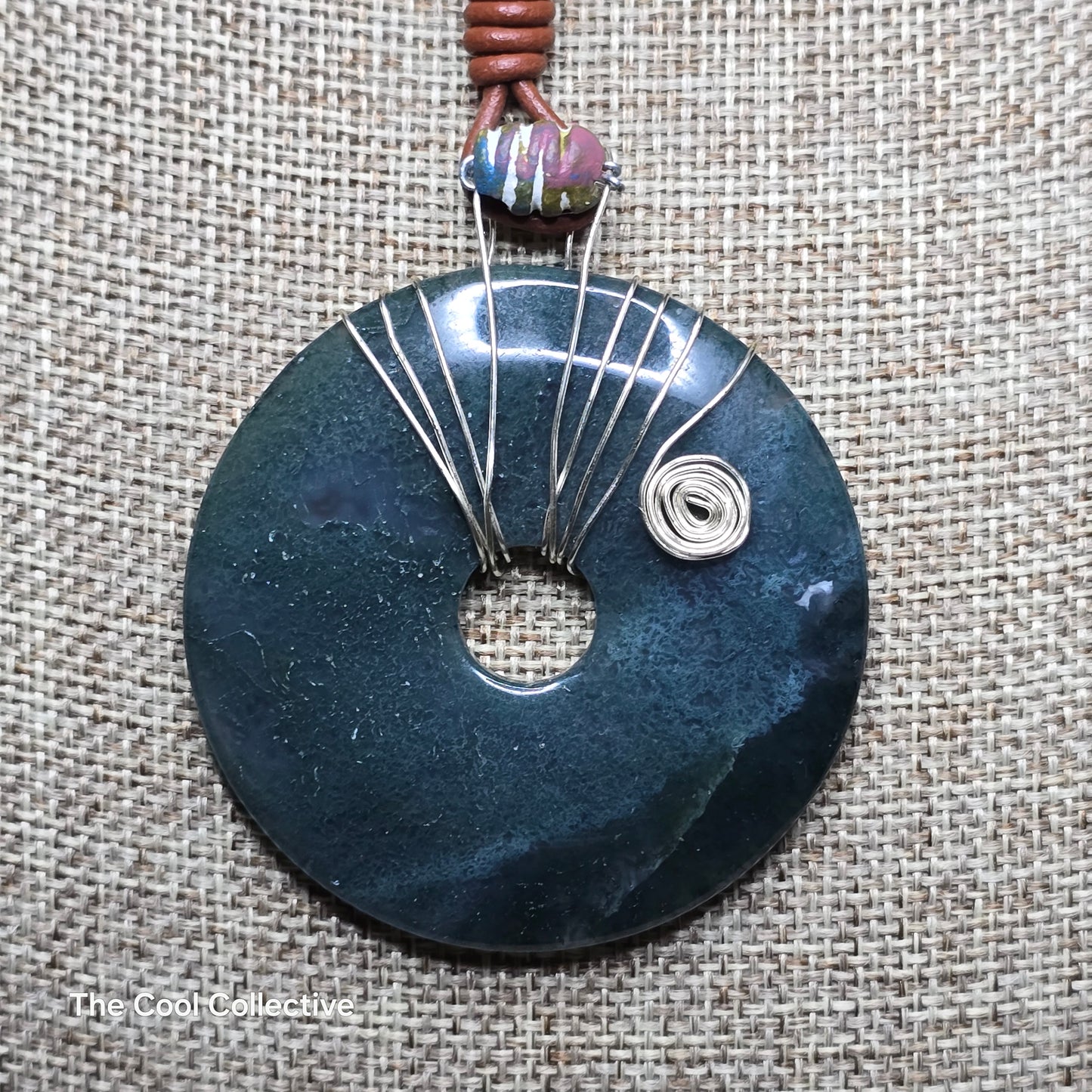 Handmade Jewelry; Dark Green Gemstone Donut Necklace and Earrings Set; Adjustable Light Brown Leather; Leather; Tina Lucas; The Cool Collective; Woman-Owned Small Business