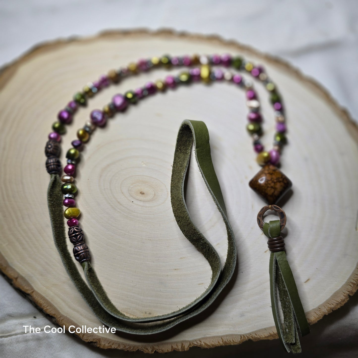 Handmade Jewelry; Multi-Color Pearls; Crystal Rondelles; Olive Deer Tan Leather; Tassel; Tina Lucas; The Cool Collective; Woman-Owned Small Business
