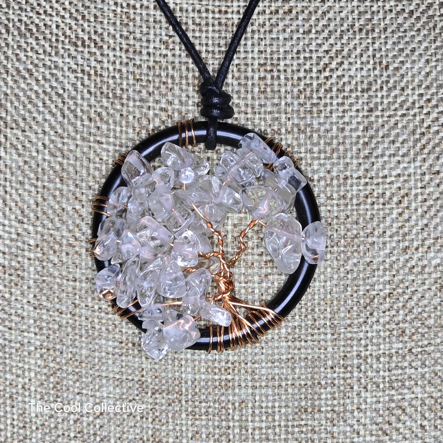 Handmade Jewelry; Tree of Life; Rock Crystal Quartz; Black Frame; Black Leather; Adjustable Necklace Tina Lucas; The Cool Collective; Woman-Owned Small Business