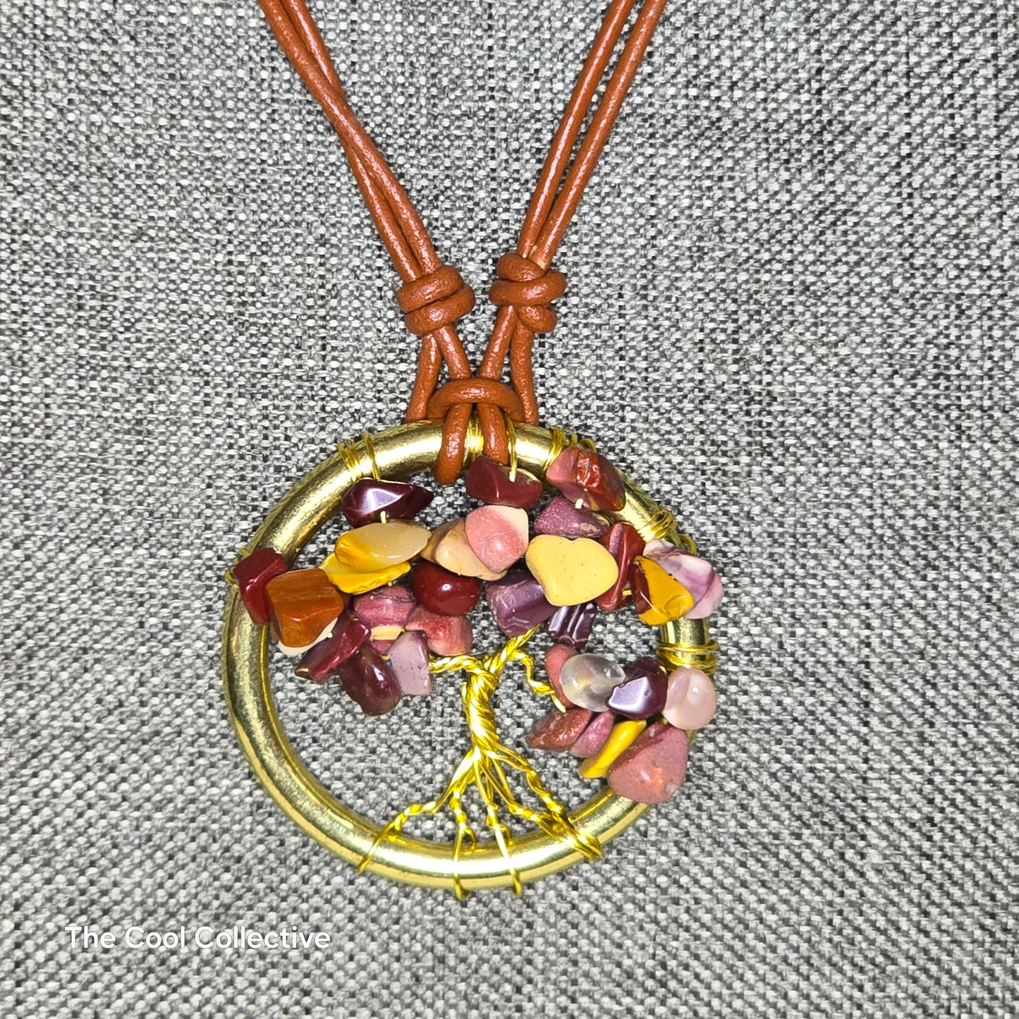 Handmade Jewelry; Tree of Life; Mookaite; Round Frame; Medium Brown Leather; Adjustable Necklace; Tina Lucas; The Cool Collective; Woman-Owned Small Business