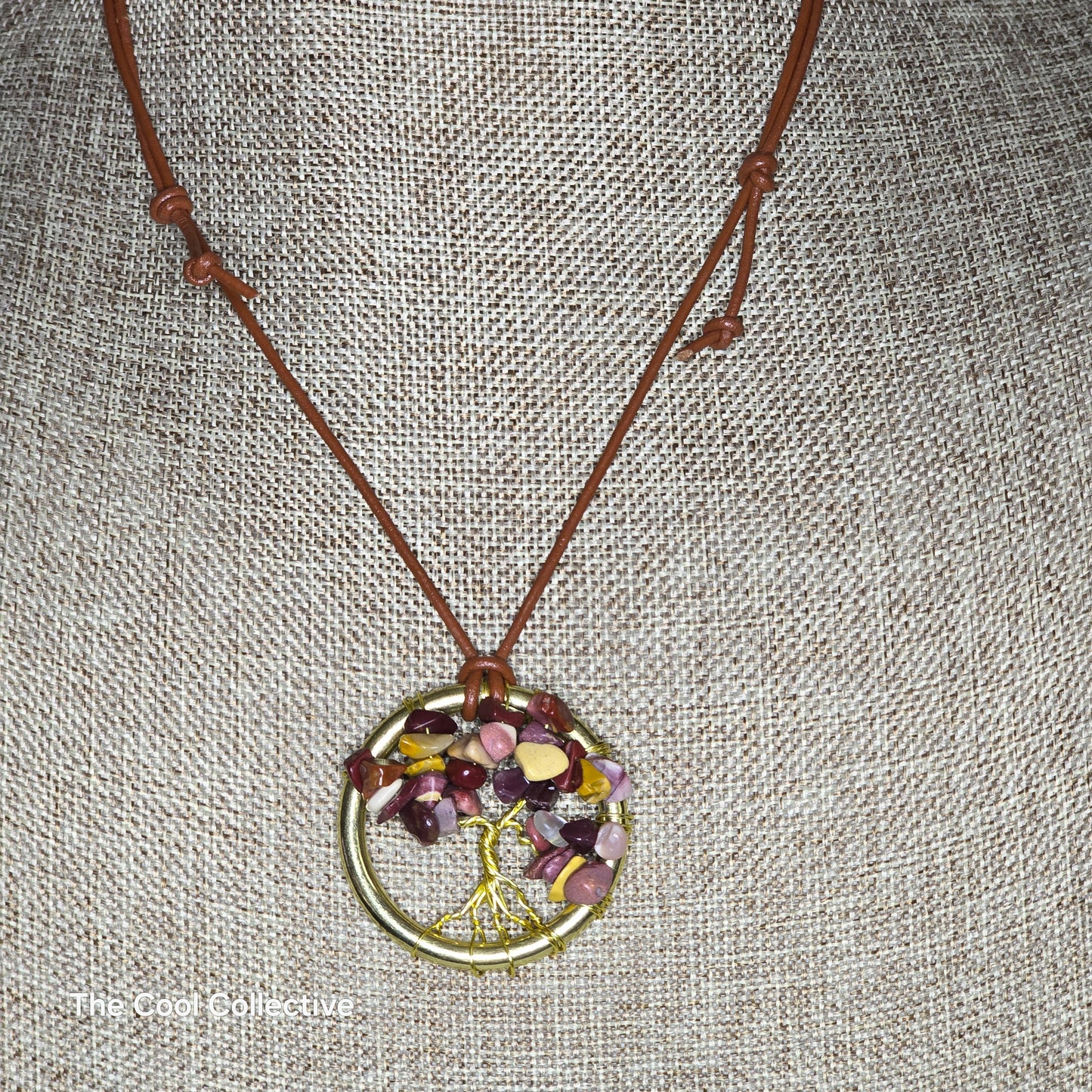 Handmade Jewelry; Tree of Life; Mookaite; Round Frame; Medium Brown Leather; Adjustable Necklace; Tina Lucas; The Cool Collective; Woman-Owned Small Business