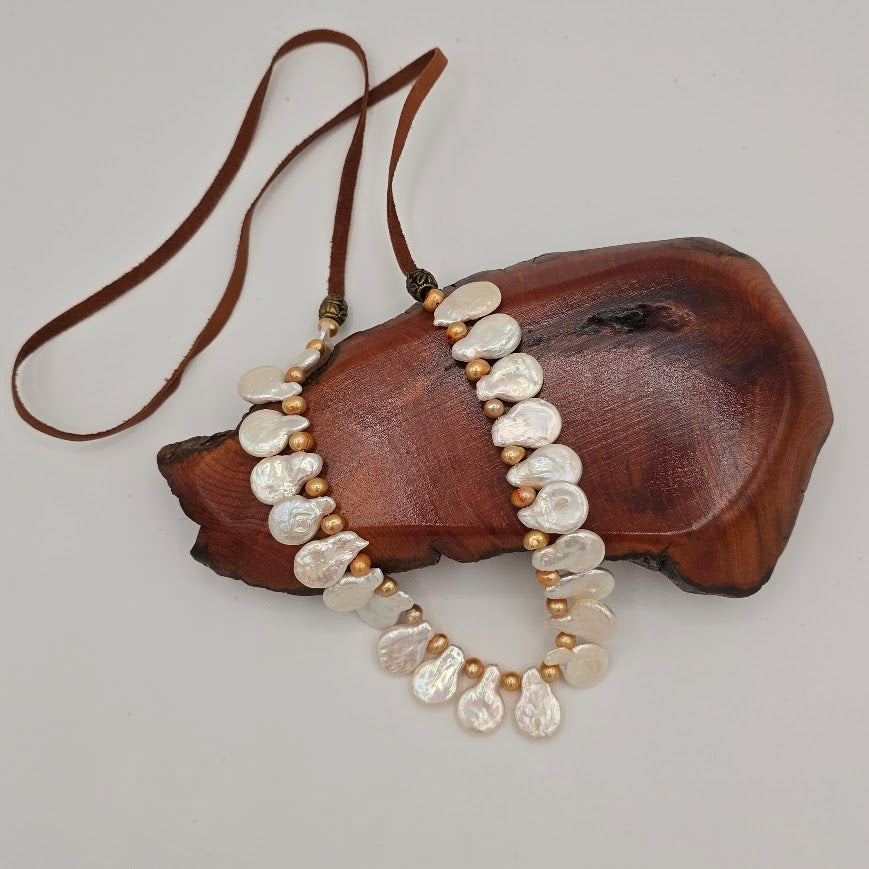 Champagne and White Paddle Pearls on Medium Brown Leather Necklace