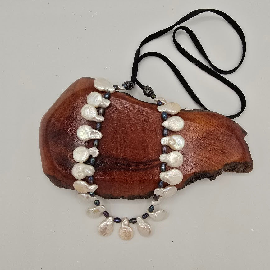 White Paddle and Peacock Rice Pearls and Brown Leather Necklace