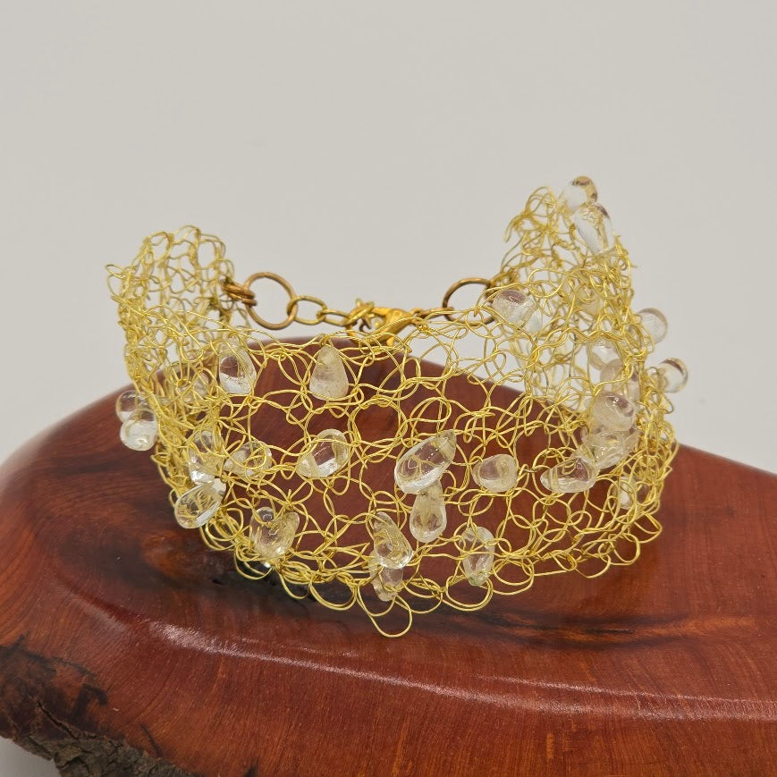 Handmade Jewelry; Gold Tone Wire Crochet with Tiny Citrine Teardrops and Extender Chain; Tina Lucas; The Cool Collective; Woman-Owned Small Business