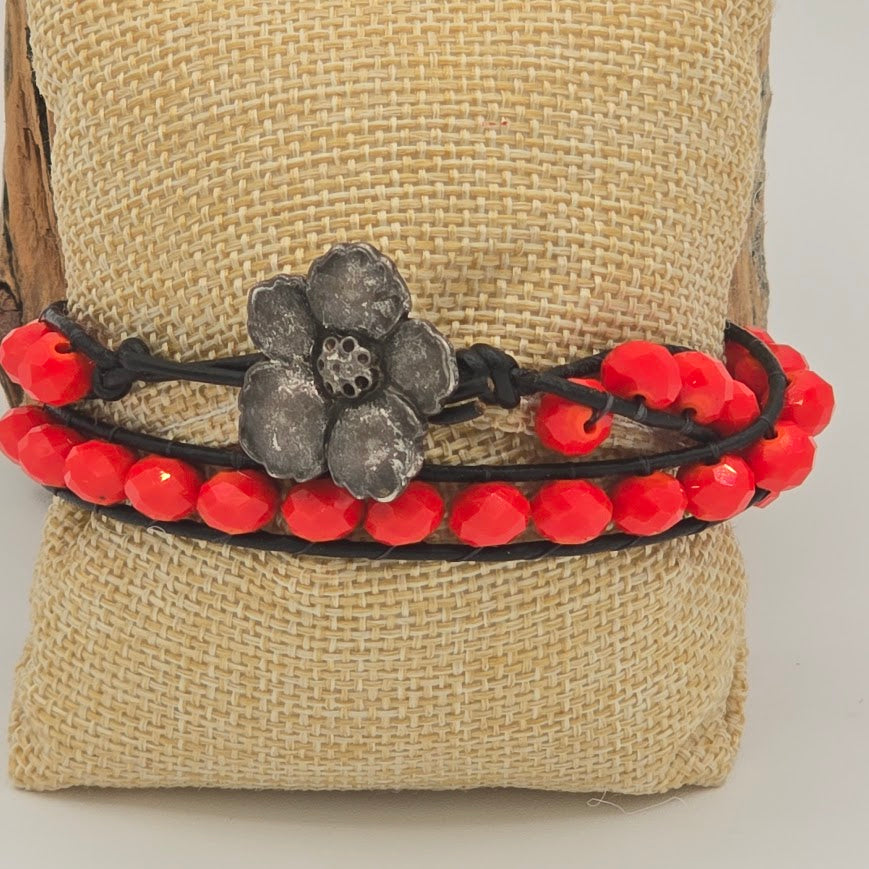 Red-Orange Crystals Double Wrap Bracelet with Periwinkle Blossom Closure