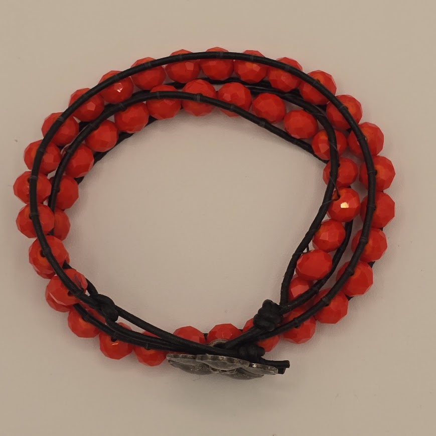 Red-Orange Crystals Double Wrap Bracelet with Periwinkle Blossom Closure