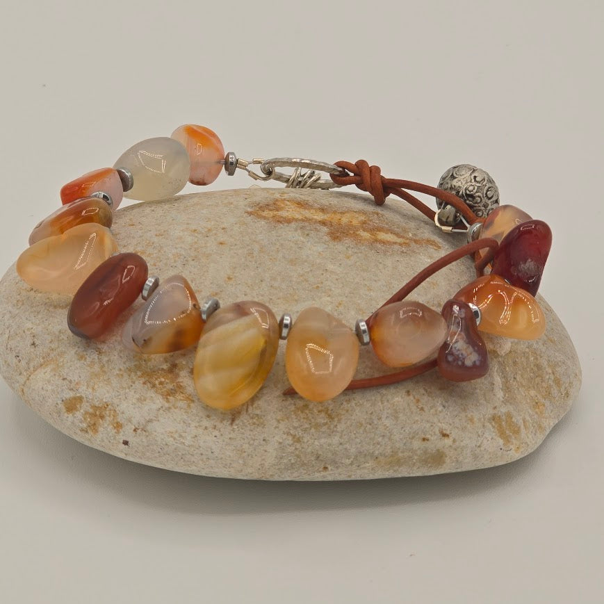 Handmade Jewelry; Carnelian and Hematite with Medium Brown Leather and Charms; Tina Lucas; The Cool Collective; Woman-Owned Small Business