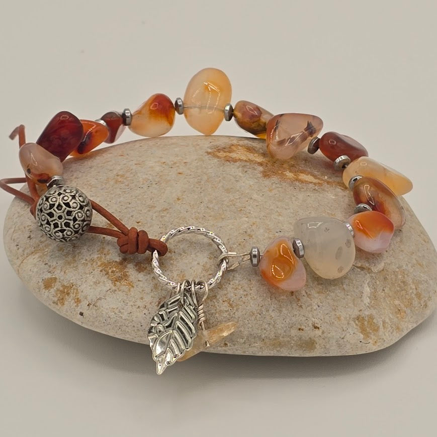Handmade Jewelry; Carnelian and Hematite with Medium Brown Leather and Charms; Tina Lucas; The Cool Collective; Woman-Owned Small Business