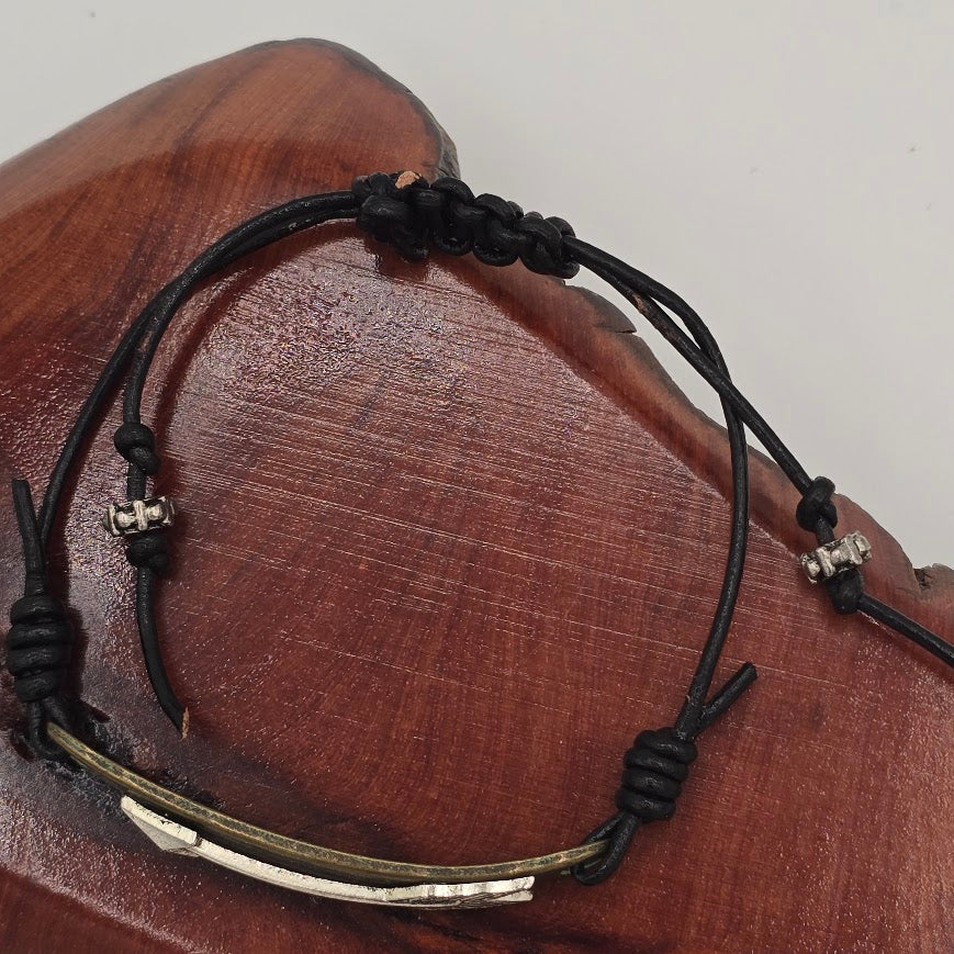 Handmade Jewelry; Layered Metal Arrow Focal Bracelet on Black Leather with Adjustable Closure; Tina Lucas; The Cool Collective; Woman-Owned Small Business