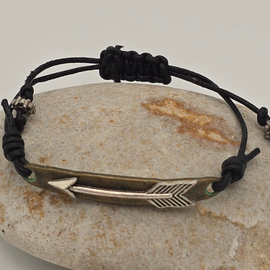 Handmade Jewelry; Layered Metal Arrow Focal Bracelet on Black Leather with Adjustable Closure; Tina Lucas; The Cool Collective; Woman-Owned Small Business