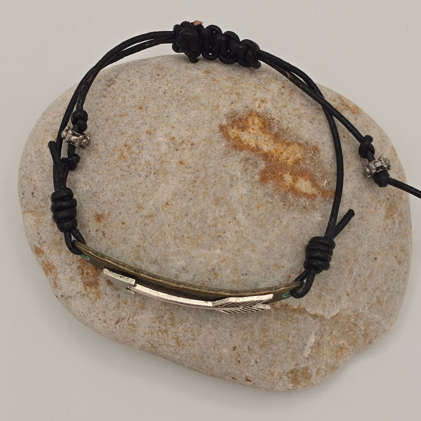 Handmade Jewelry; Layered Metal Arrow Focal Bracelet on Black Leather with Adjustable Closure; Tina Lucas; The Cool Collective; Woman-Owned Small Business