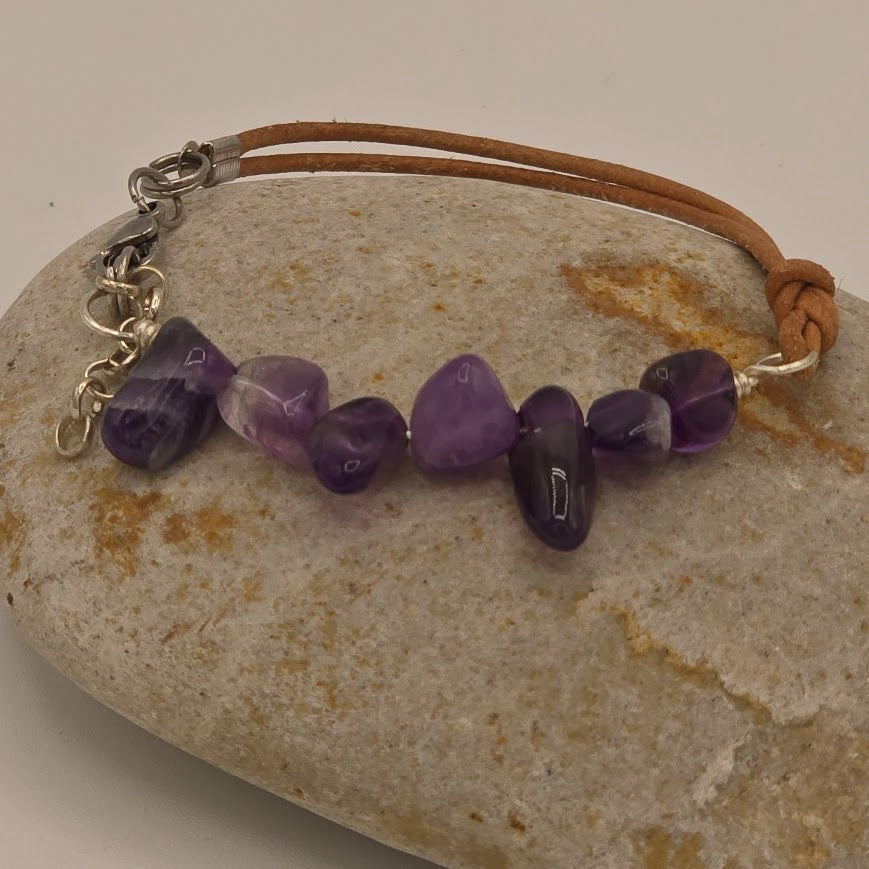 Handmade Jewelry; Amethyst with Natural Tan Leather and Extender Chain; Tina Lucas; The Cool Collective; Woman-Owned Small Business