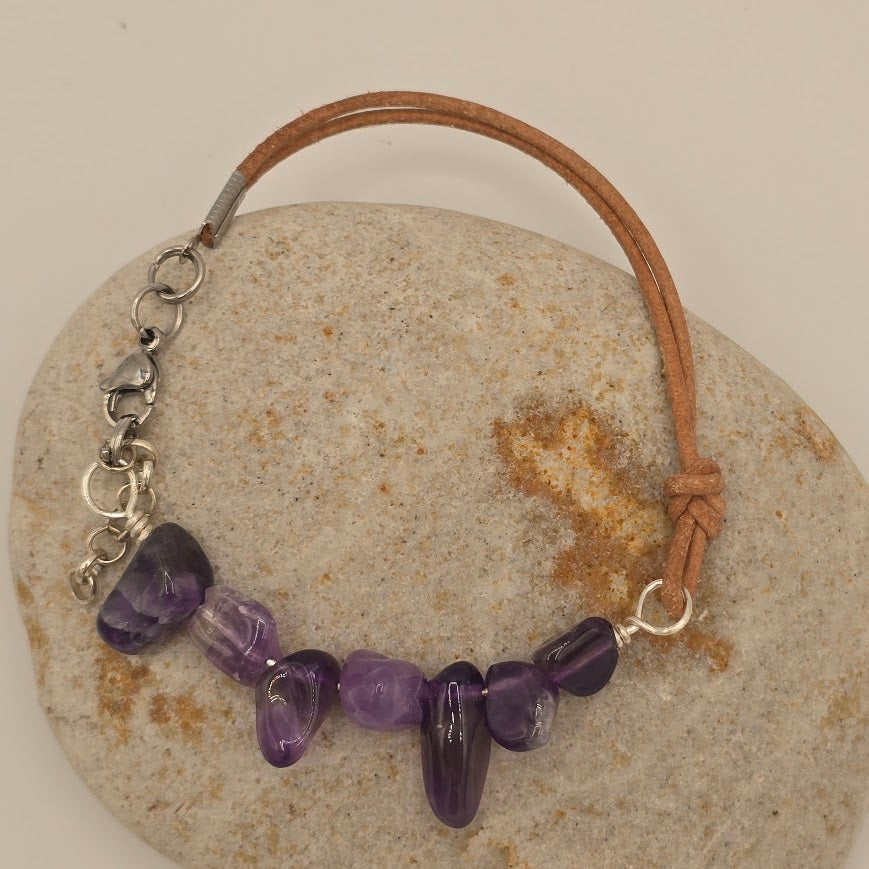Handmade Jewelry; Amethyst with Natural Tan Leather and Extender Chain; Tina Lucas; The Cool Collective; Woman-Owned Small Business