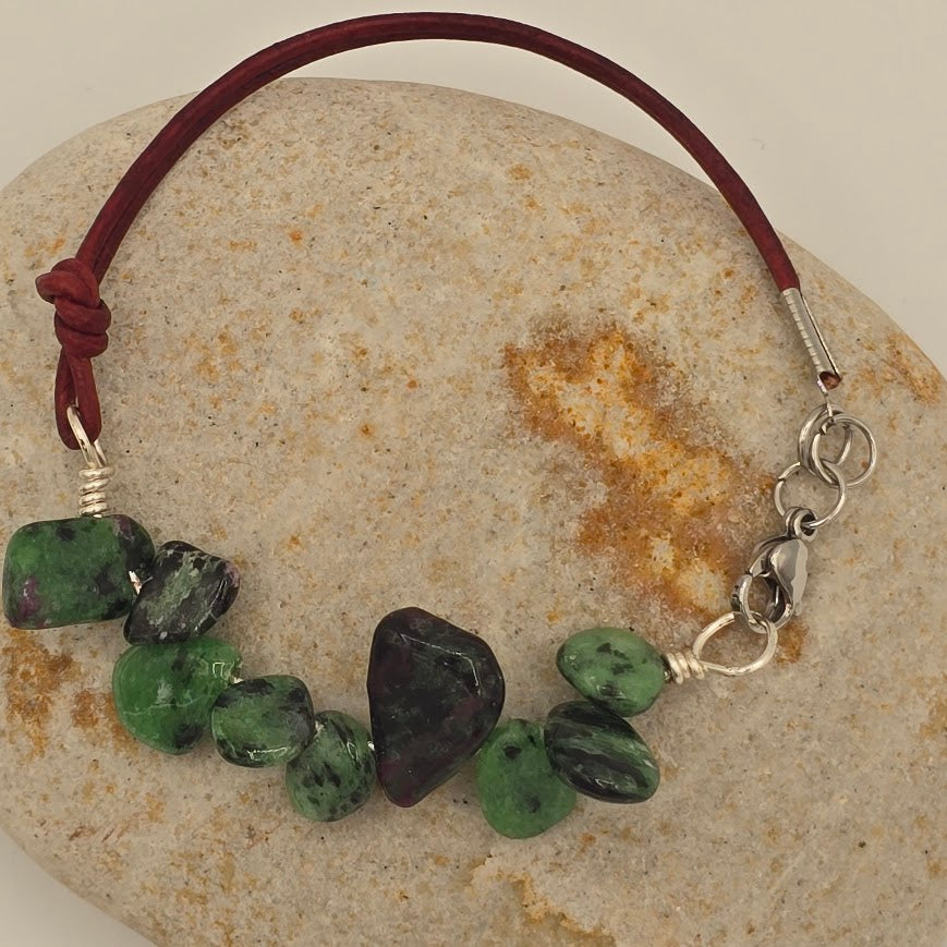 Handmade Jewelry; Ruby in Zoisite with Turkish Red Leather and Extender Chain; Tina Lucas; The Cool Collective; Woman-Owned Small Business
