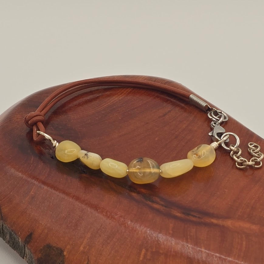 Handmade Jewelry; Golden Opal Nuggets with Light Brown Leather and Extender Chain; Tina Lucas; The Cool Collective; Woman-Owned Small Business