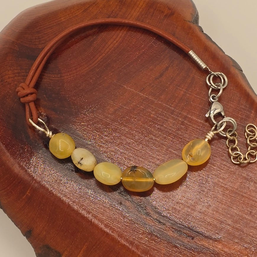 Handmade Jewelry; Golden Opal Nuggets with Light Brown Leather and Extender Chain; Tina Lucas; The Cool Collective; Woman-Owned Small Business