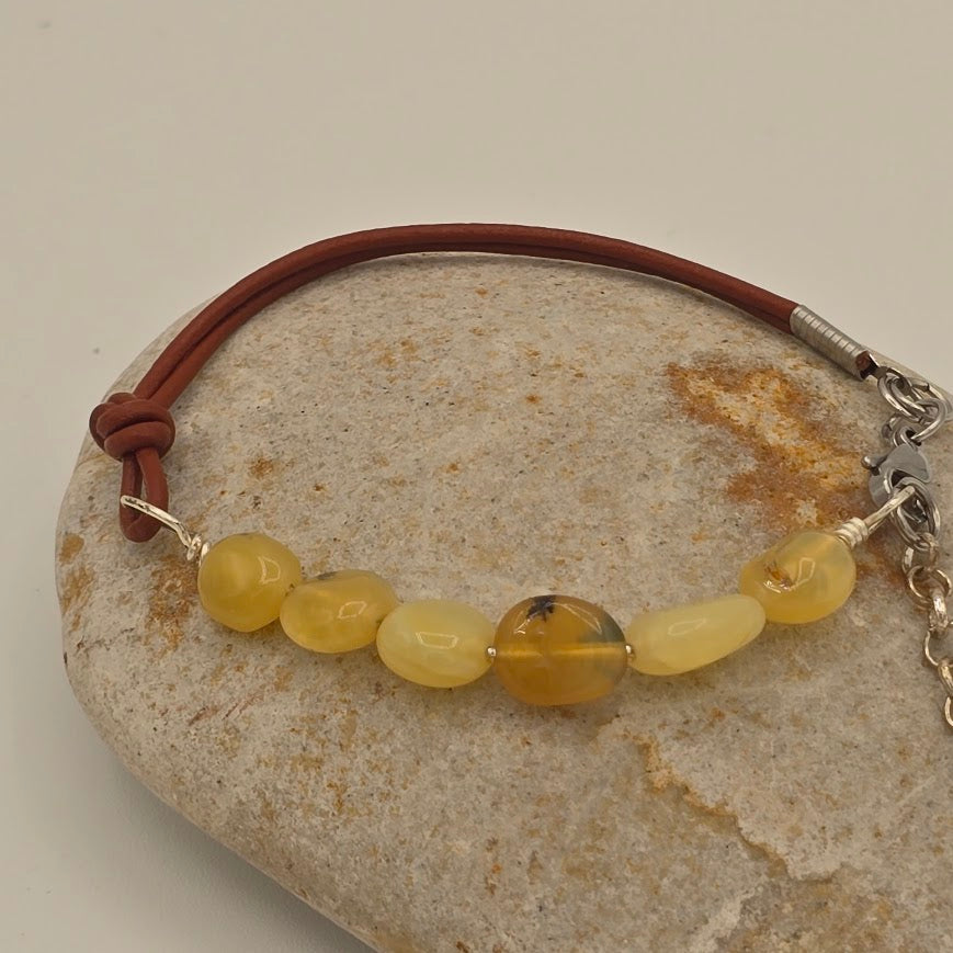 Handmade Jewelry; Golden Opal Nuggets with Light Brown Leather and Extender Chain; Tina Lucas; The Cool Collective; Woman-Owned Small Business