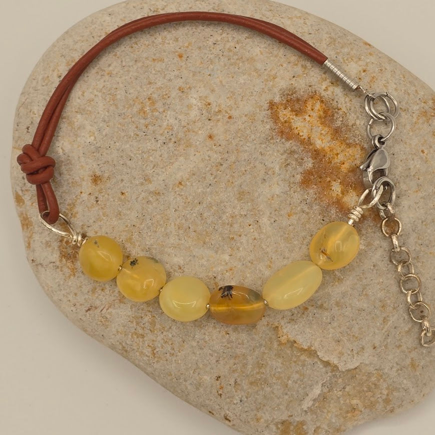 Handmade Jewelry; Golden Opal Nuggets with Light Brown Leather and Extender Chain; Tina Lucas; The Cool Collective; Woman-Owned Small Business