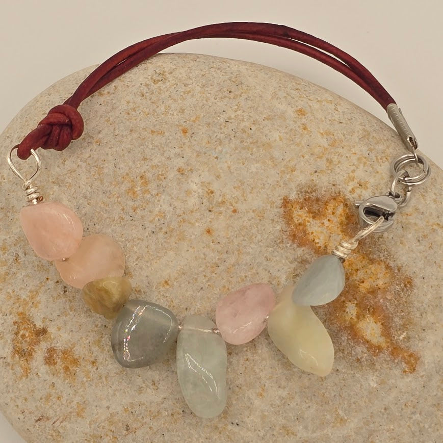 Handmade Jewelry; Beryl on Turkish Red Leather with Extender Chain; Tina Lucas; The Cool Collective; Woman-Owned Small Business