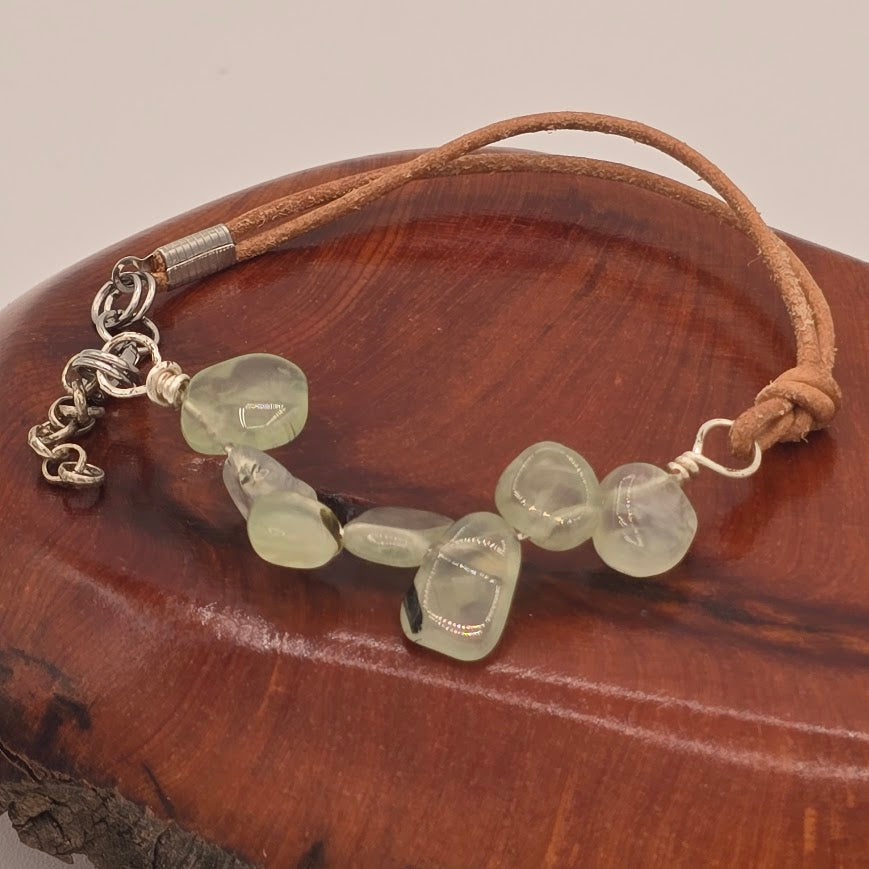 Handmade Jewelry;  Prehnite with Natural Tan Leather and Extender Chain; Tina Lucas; The Cool Collective; Woman-Owned Small Business
