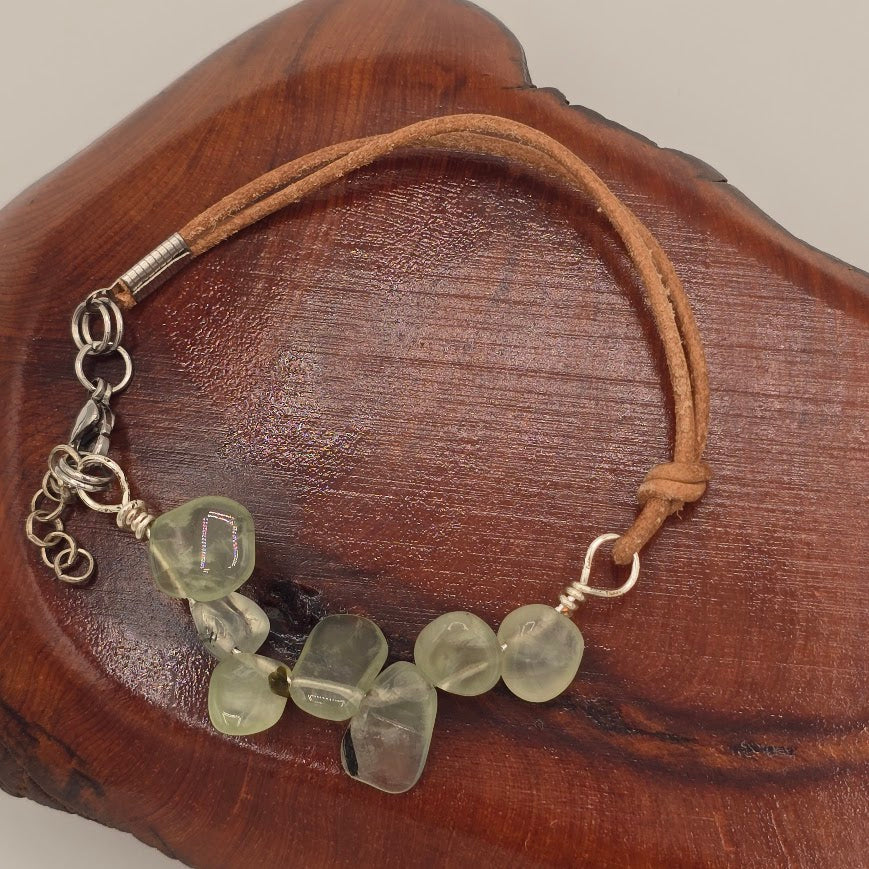 Handmade Jewelry;  Prehnite with Natural Tan Leather and Extender Chain; Tina Lucas; The Cool Collective; Woman-Owned Small Business