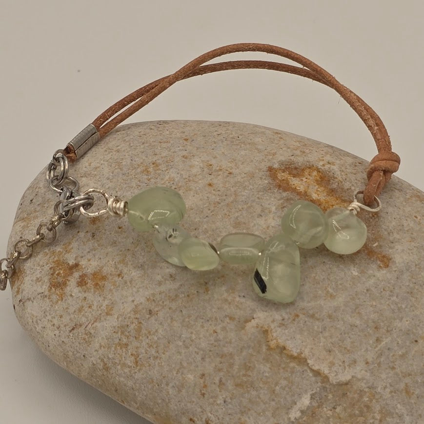 Handmade Jewelry;  Prehnite with Natural Tan Leather and Extender Chain; Tina Lucas; The Cool Collective; Woman-Owned Small Business